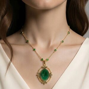 Enchanted Forest Amulet, Antique Gothic Pendant, Emerald Green Vintage Stone